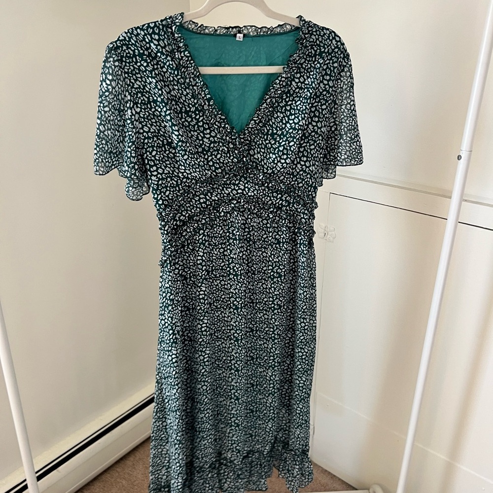 Teal Midi Sundress with Flutter Sleeves and V-Neck for Cocktail